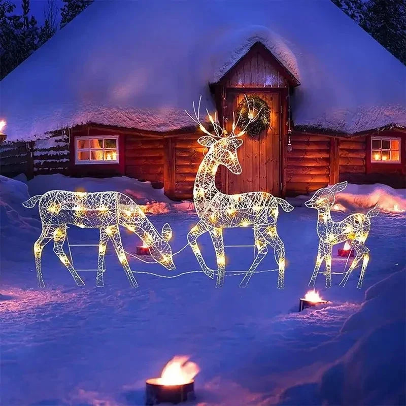 3pcs Handcraft Iron Art Elk Deer Christmas Garden Decor&LED Light Glowing Glitter Reindeer Xmas Home Outdoor Yard Ornament Decor