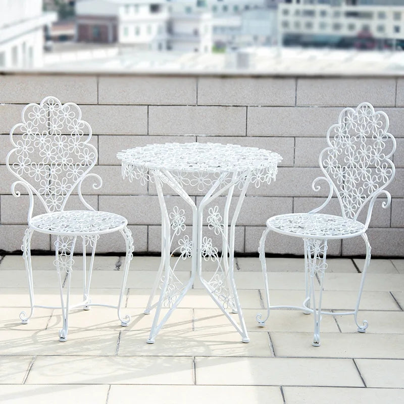 Outdoor Iron Balcony Table and Chair Three-Piece Set Outdoor Garden Patio Terrace Luxury White Furniture Lounge Table Chairs Set