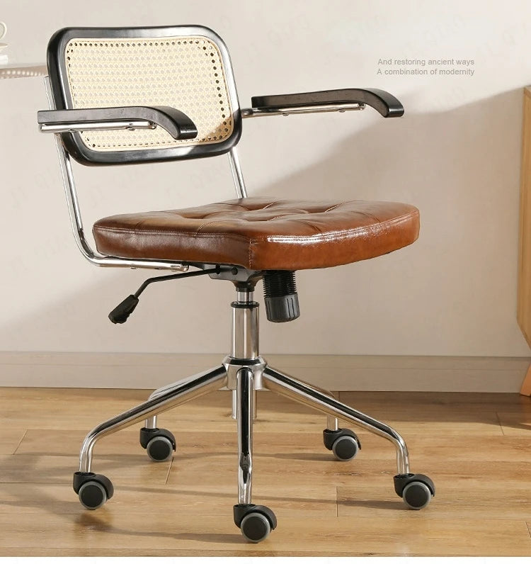 Retro rotating chair Rattan computer office chair Japanese comfortable storage study desk seat breathable armrest rattan chair