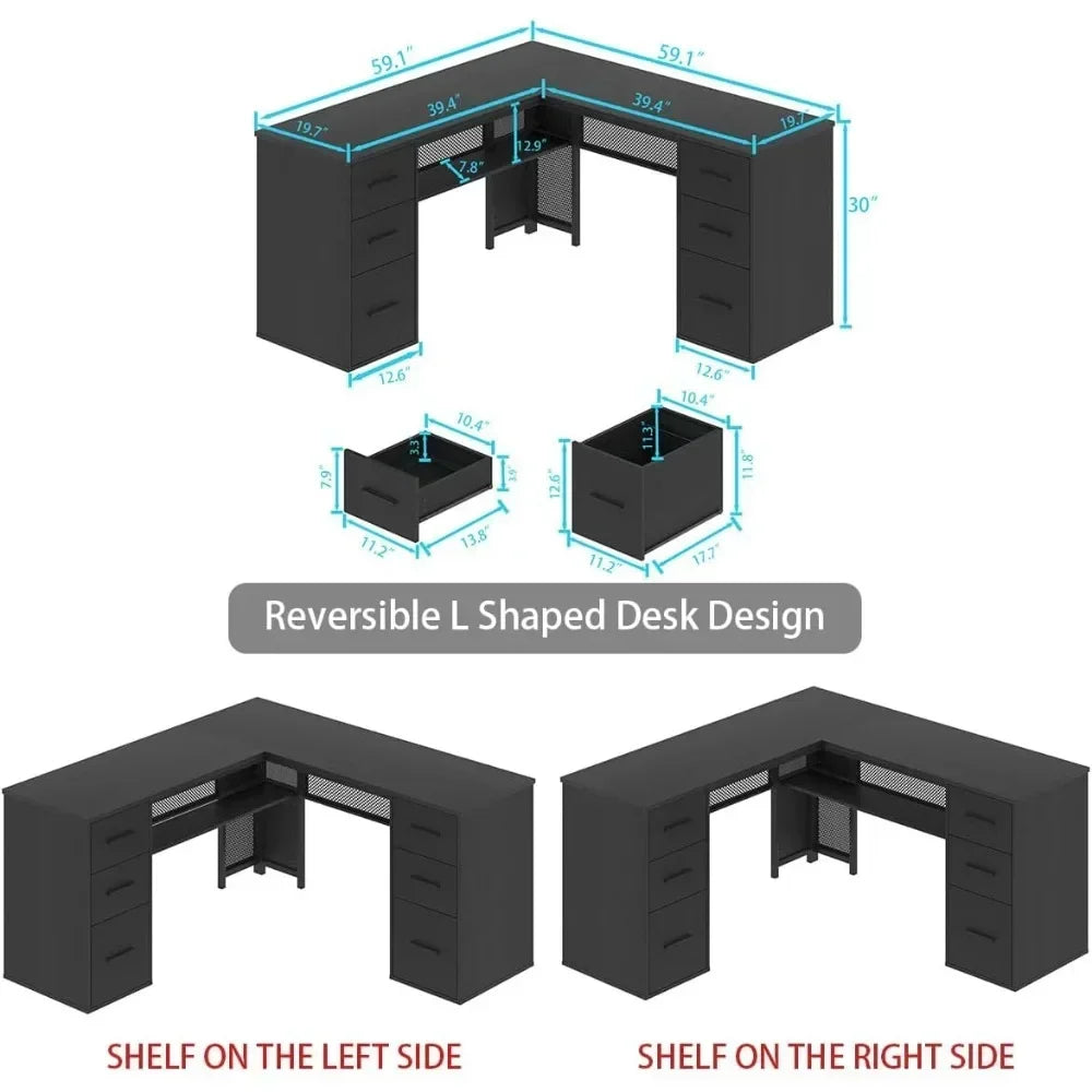 L Shaped Desk with File Drawers Shelves, Reversible Corner Metal Wood Computer Desk w/ Storage Cabinet, Work Writing Study Table