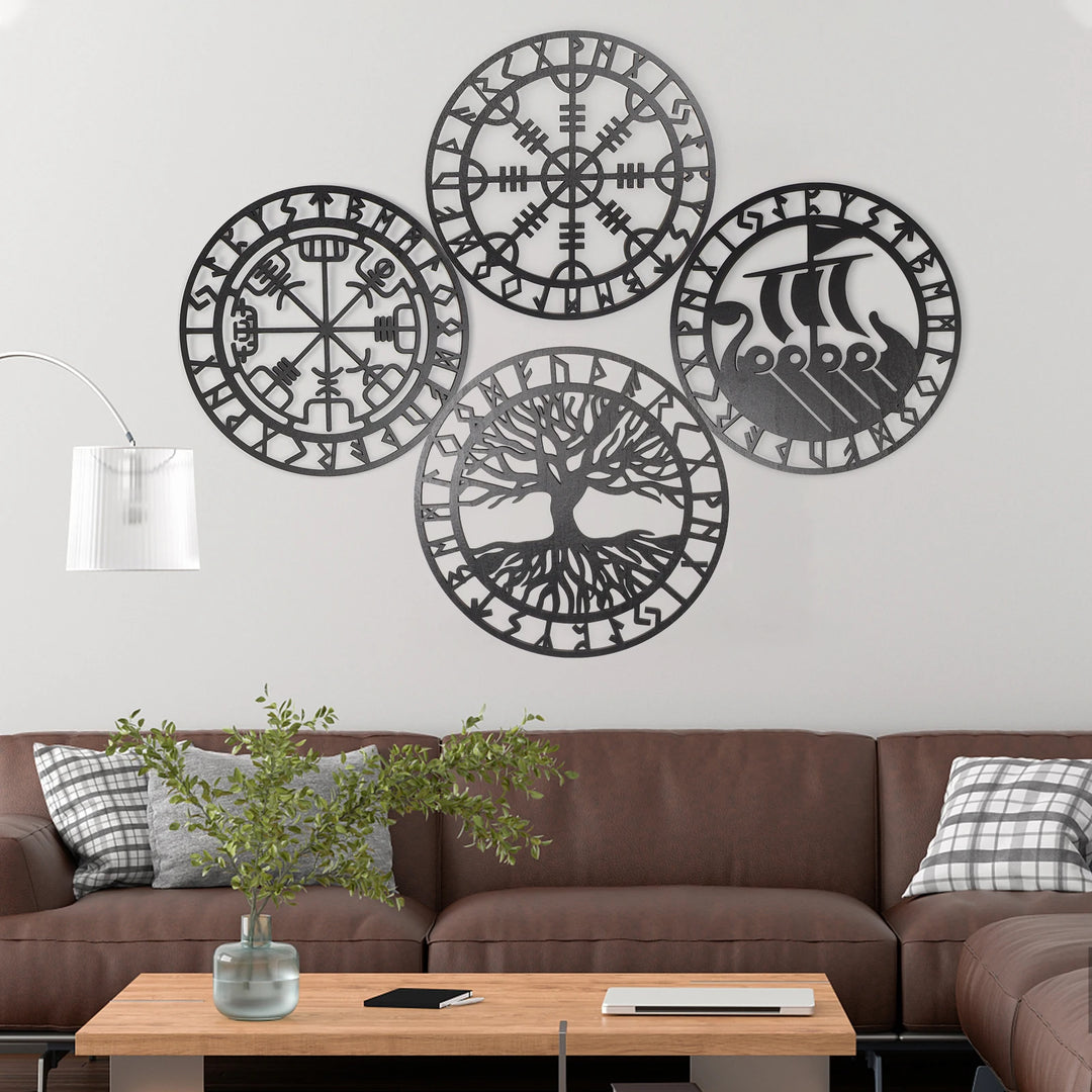 4PCS Set, Round Wooden Celtic Family Tree Wall Art, Nordic Viking Runes Wall Décor