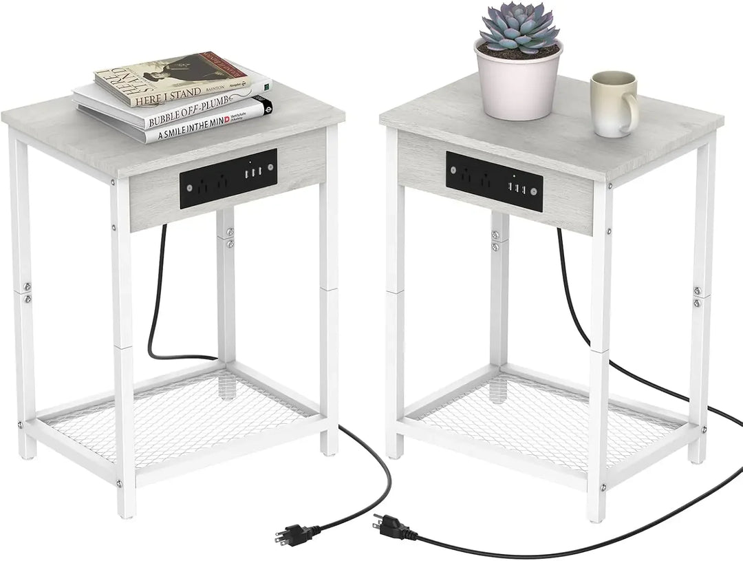 Nightstands Set of 1 with Charging Station, 2 Tier Bedside Table with USB Ports and Outlets, Narrow End Table with Storage Shelf