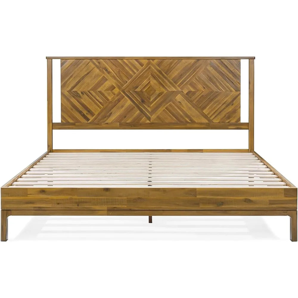 Solid Wood King Bed Frame with Diamond Headboard - Rustic & Mid-century Modern - Acacia Wood Platform Bed - Compatible