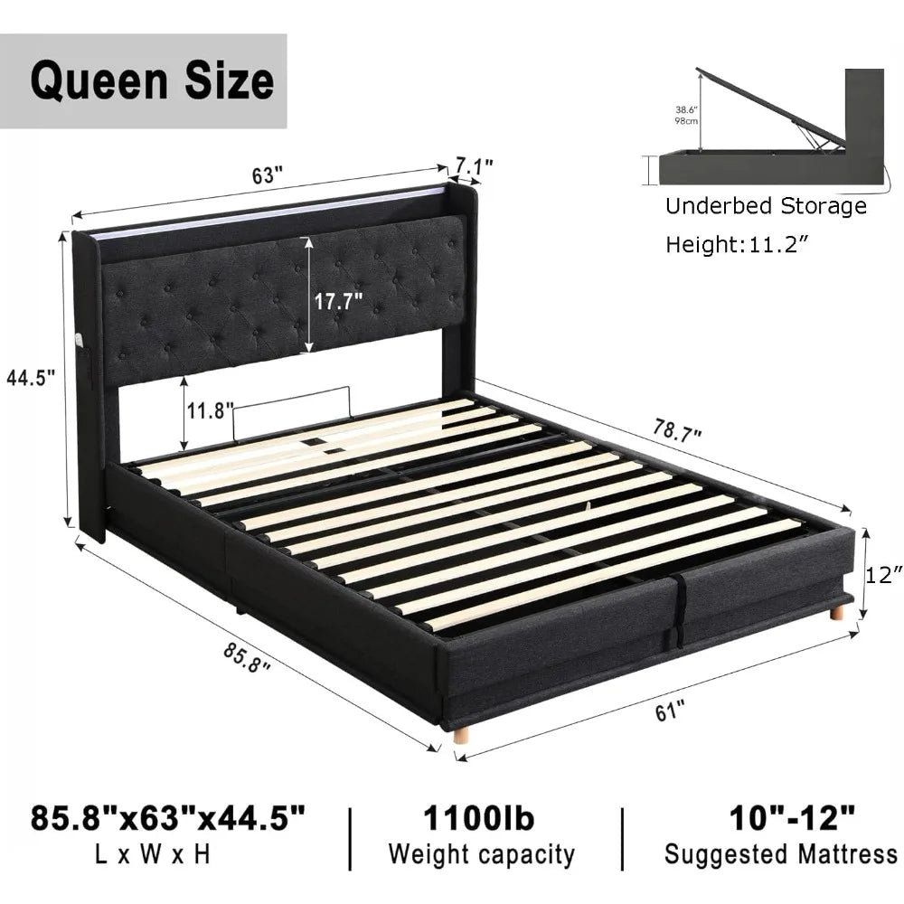 Lift Up Storage Bed Queen with Headboard and Storage, Black Upholstered Storage Bed, Led Queen Size Bed Frame w Charging Station