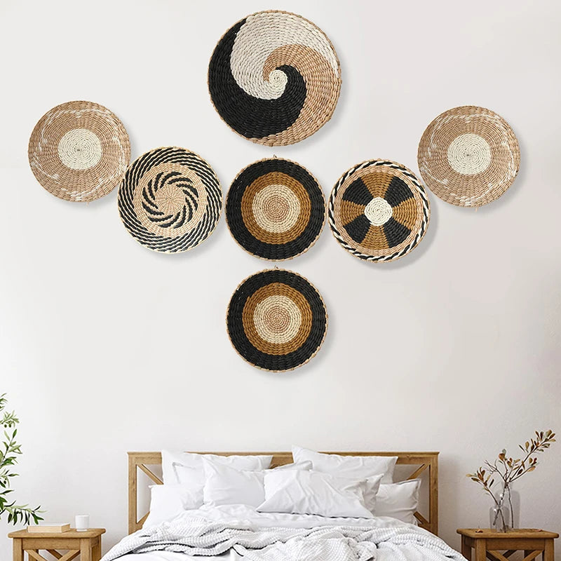 Boho Hanging Wall Décor, Woven, Wall Basket Plate Straw Home Home Art, For Living Room/Farmhouse/Kitchen, Natural & Handmade