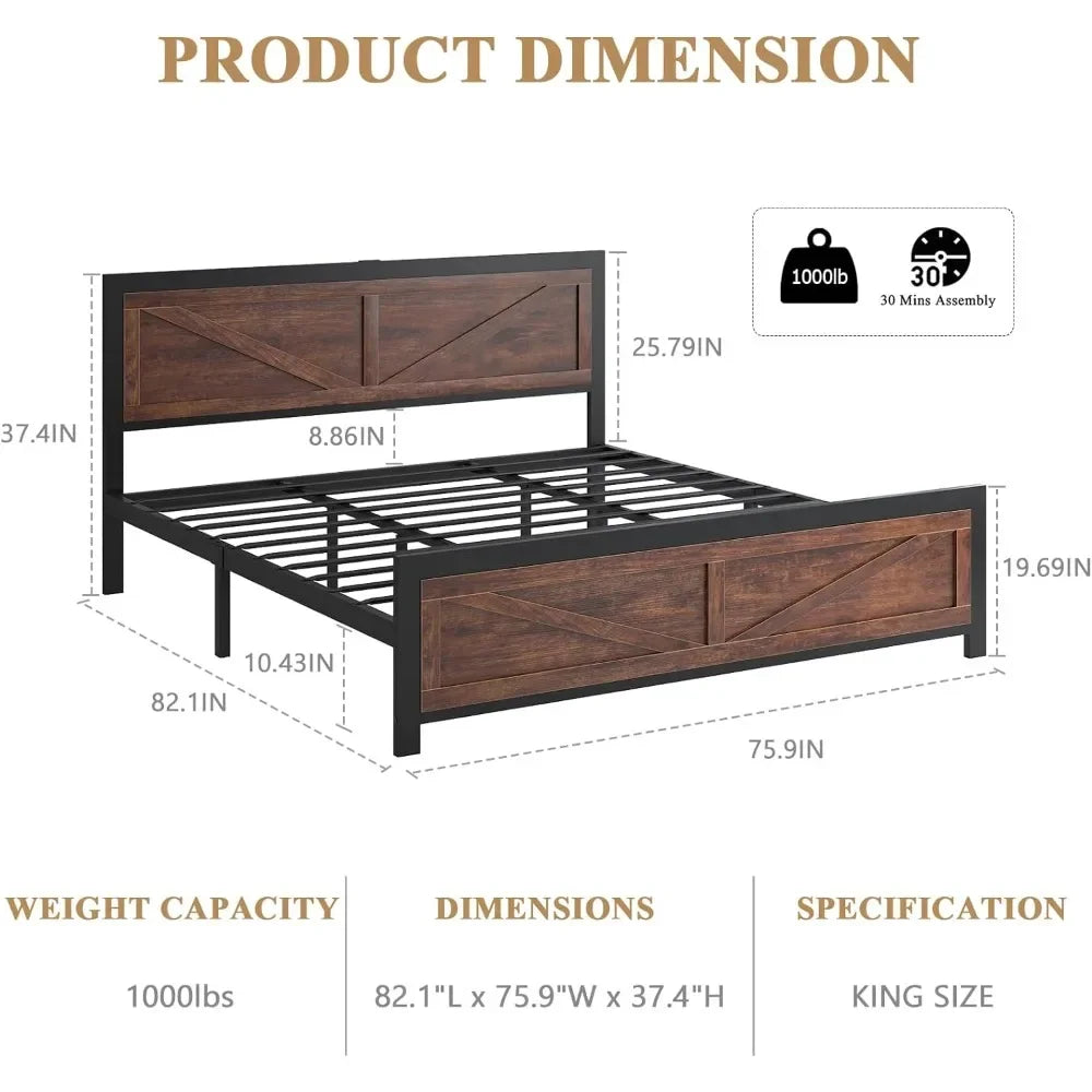 Led Bed Frame King Size with Charging Station, Industrial Platform Bed Frame with Rustic Barn Door Wood Headboard, Strong Metal