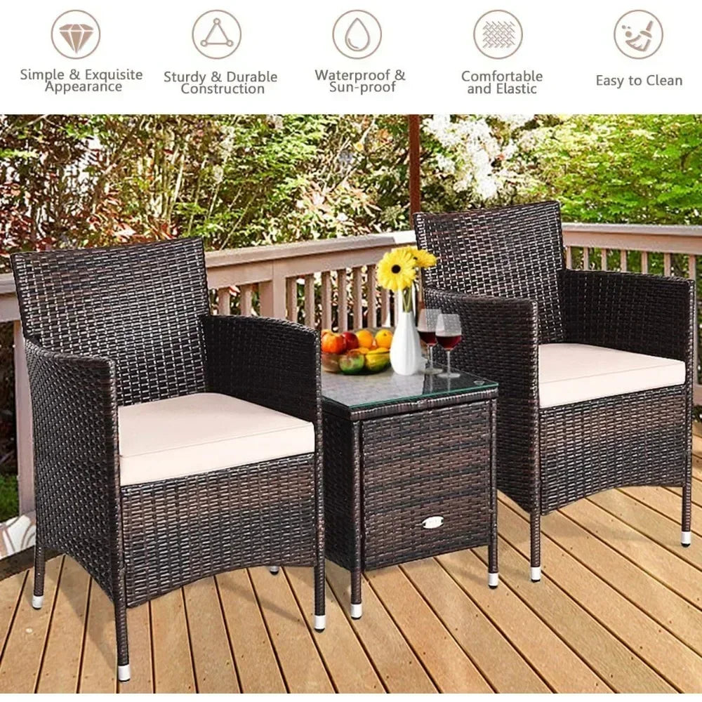 Patio Set Wicker Rattan Furniture Set Outdoor Rattan Conversation Set with Coffee Table Chairs & Thick Cushions Bistro Sets