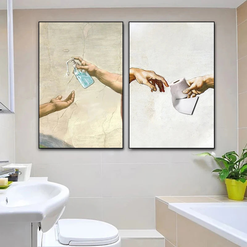 Retro Hand of God and Adam Funny Toilet Paper Picture Canvas Painting Poster For Wash Room Bathroom Living Wall Art Home Decor