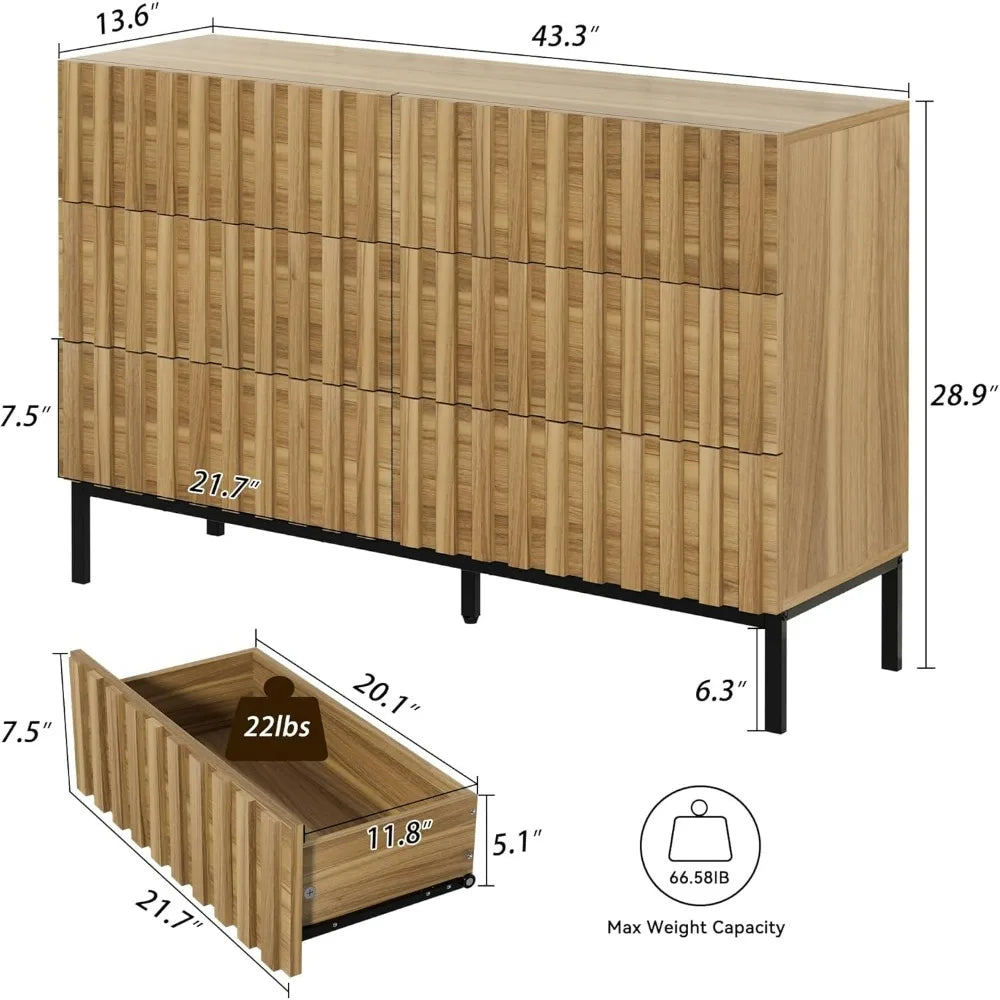 Dresser,Wood for Bedroom,Fluted 6 Drawer Dresser with Metal Stand,Accent Chest of Drawers for Bedroom,Living Room