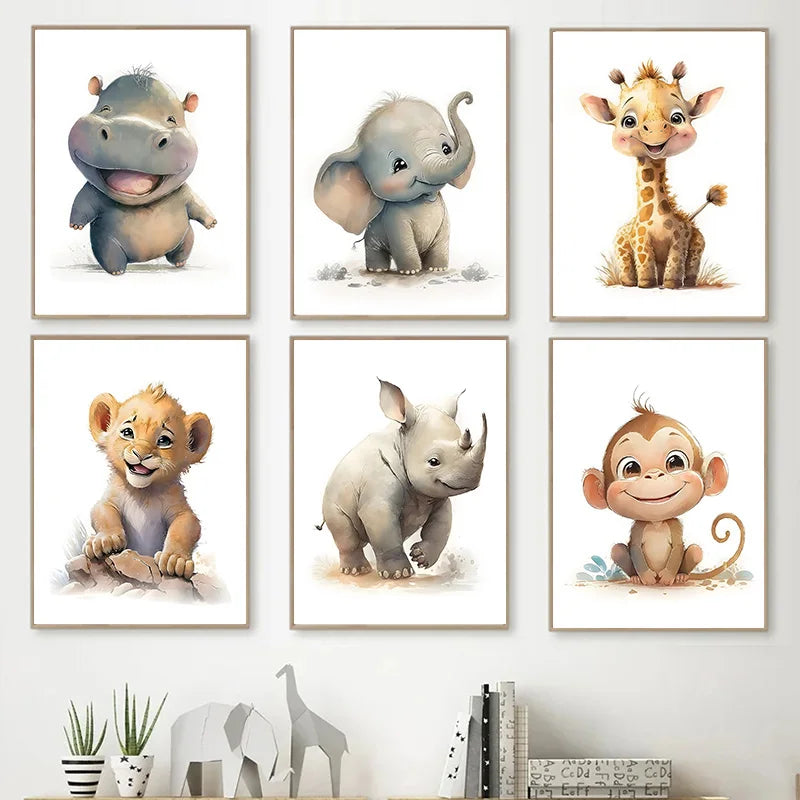 Cartoon Jungle Animals Painting, Cute Elephant, Lion, Hippo, On Canvas  Children's Bedroom Wall Art Pictures Baby Room Decor