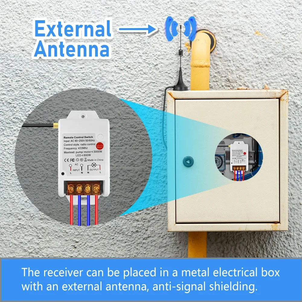 RF 433 Mhz Universal Wireless Remote Control Switch 110V 220v 30A  3000M Remote Control for Electric Gate Light water pump
