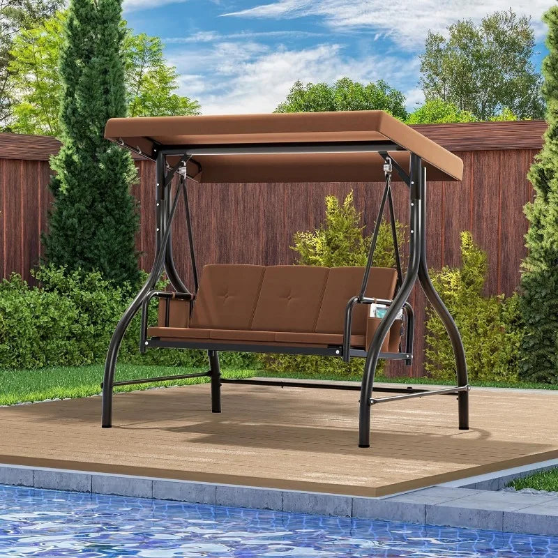 Outdoor Porch Swing, 3 Person Patio Swing Chair with Adjustable Canopy, Removable Cushion,Suitable for Garden, Poolside