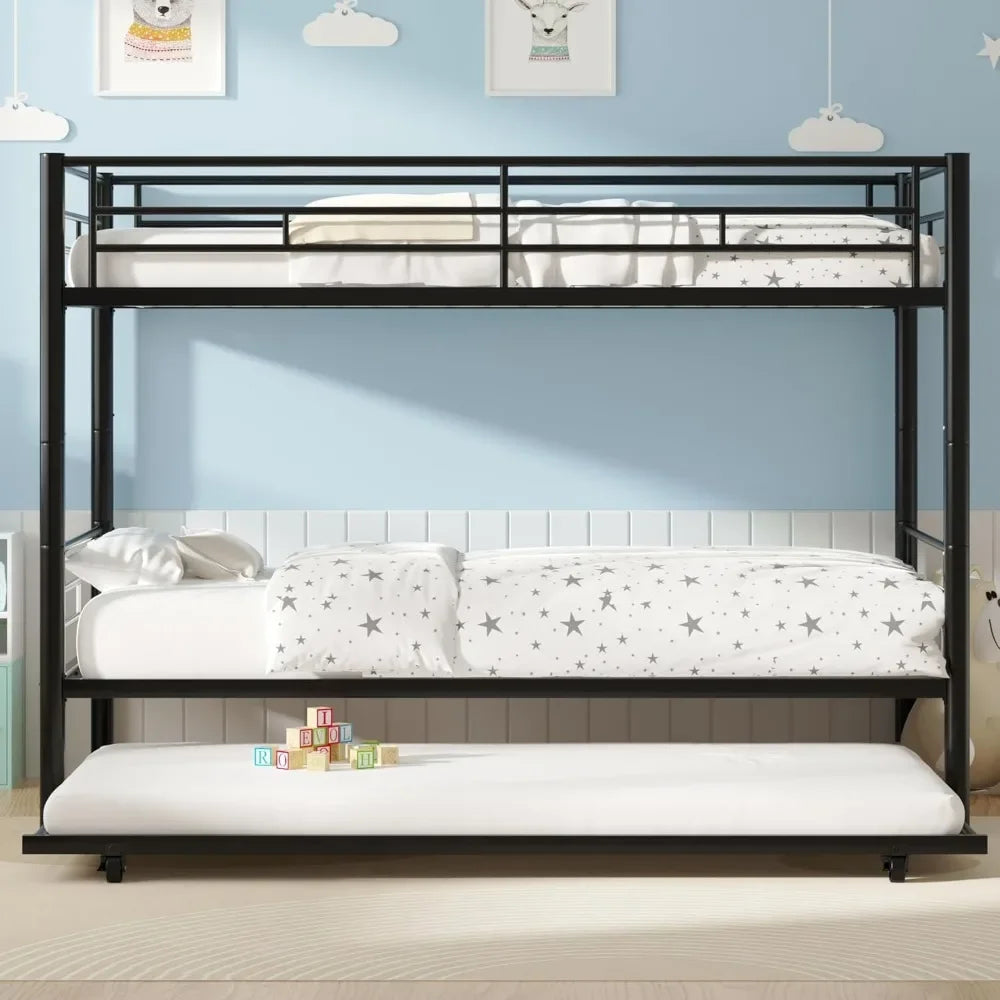 Twin Over Twin Bunk Bed with Trundle, Metal Bunkbeds with Ladder and Full-Length Guardrail, No Box Spring Needed, Black