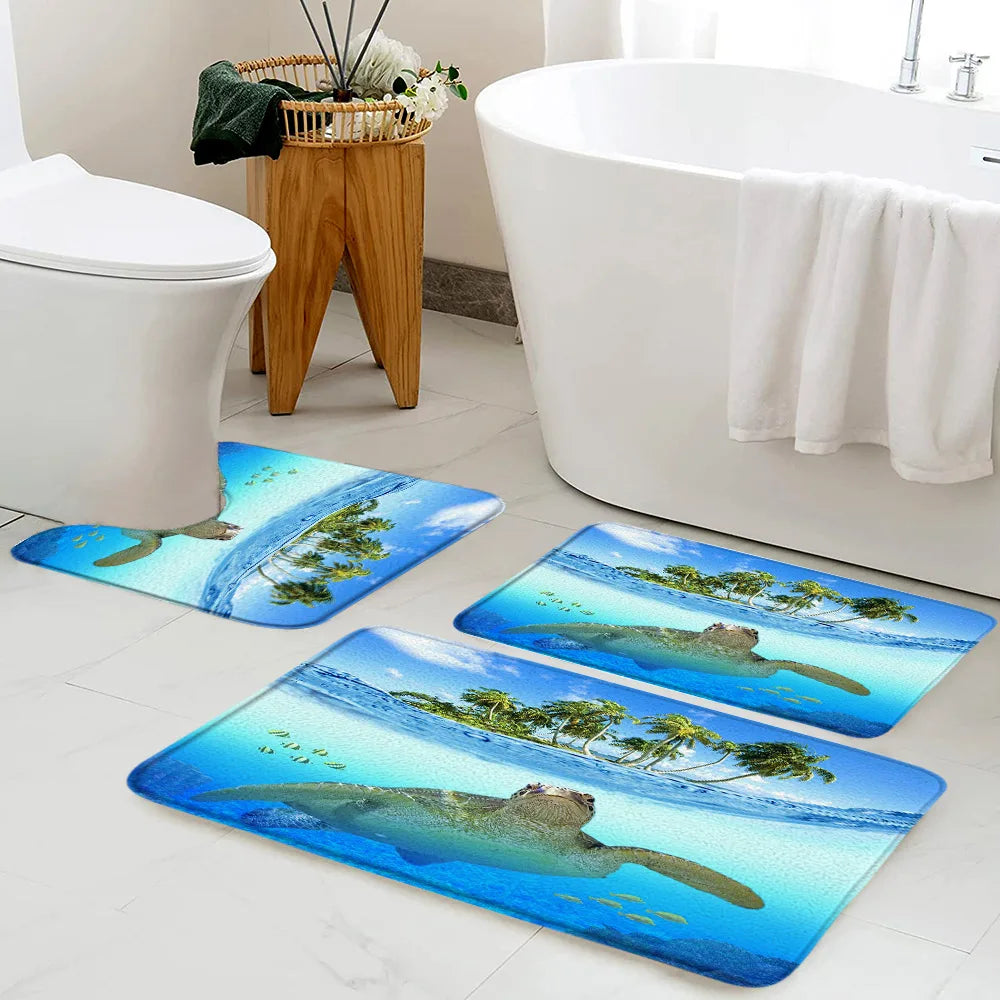 Ocean Animals Bath Mat Set Funny Dolphins Sea Turtle Fish Coral Underwater Scenery Kids Bathroom Decor Non-slip Rug U-shaped Mat