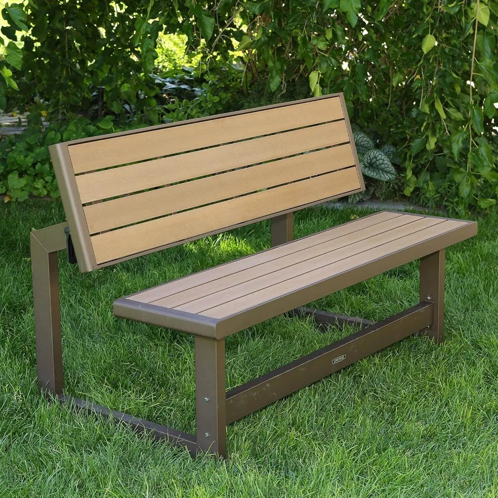 Convertible Bench / Table, Faux Wood Construction, Durable, weather-resistant simulated wood, Brown Outdoor Bench