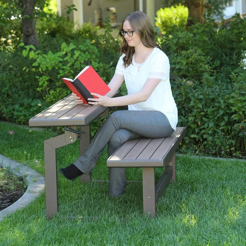 Convertible Bench / Table, Faux Wood Construction, Durable, weather-resistant simulated wood, Brown Outdoor Bench