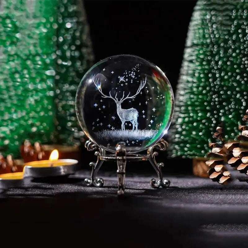 1Pc 2.4 inch (60mm) 3D Laser Engraved Deer Crystal Ball with Silver Plated Trellis, Beautiful Art Decoration and Gift