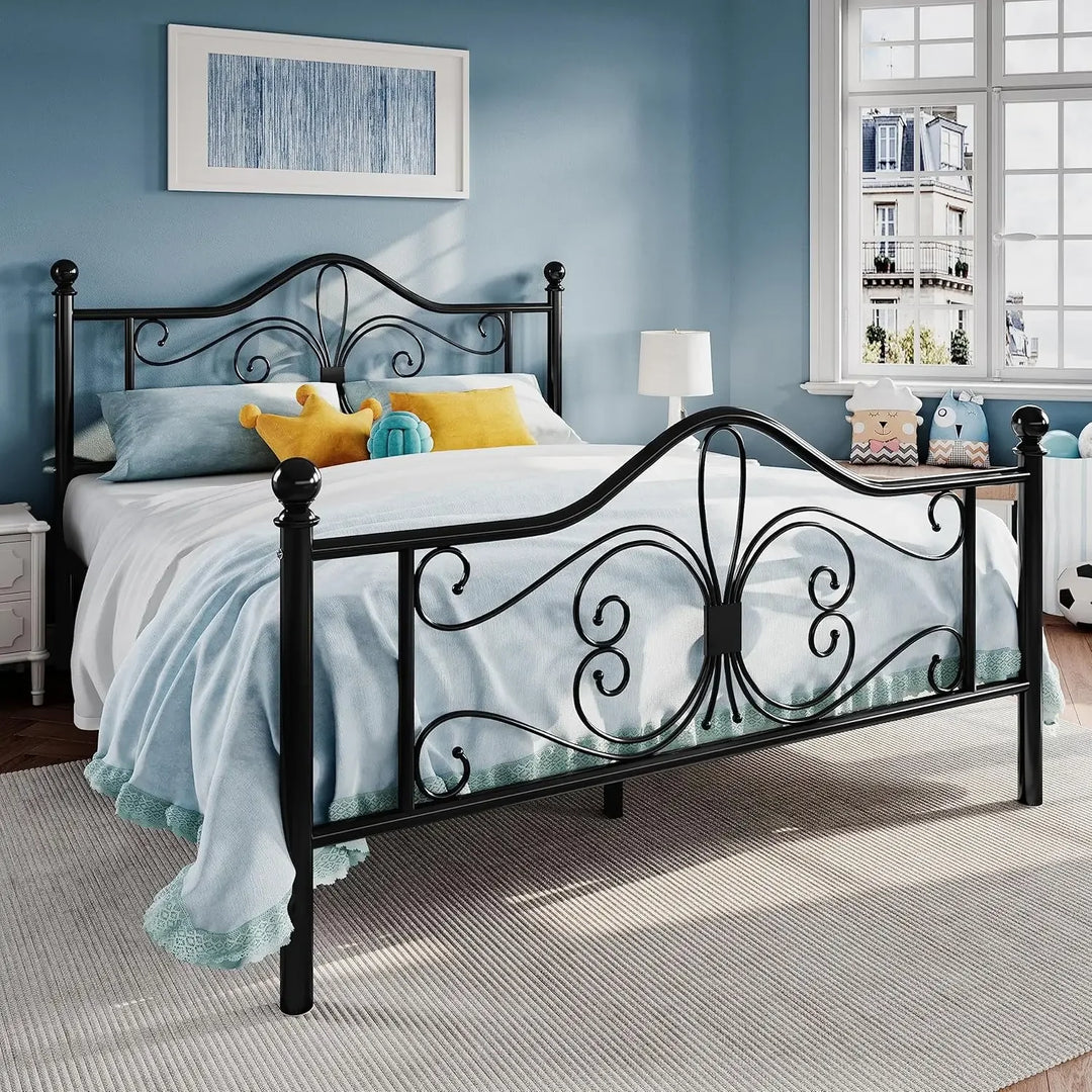 Queen Size Bed Frame and Headboard,Metal Bed Frame with Butterfly Pattern Design Headboard