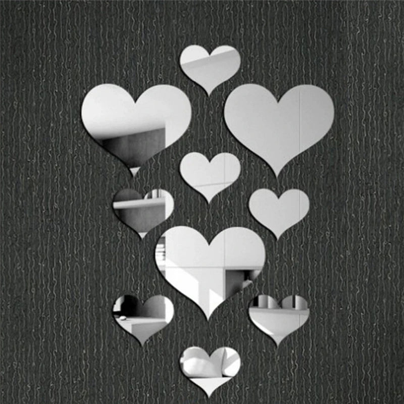 10Pcs/Set 3D Acrylic Mirror Wall Stickers in Gold or Silver Hearts Removable Wall Décor