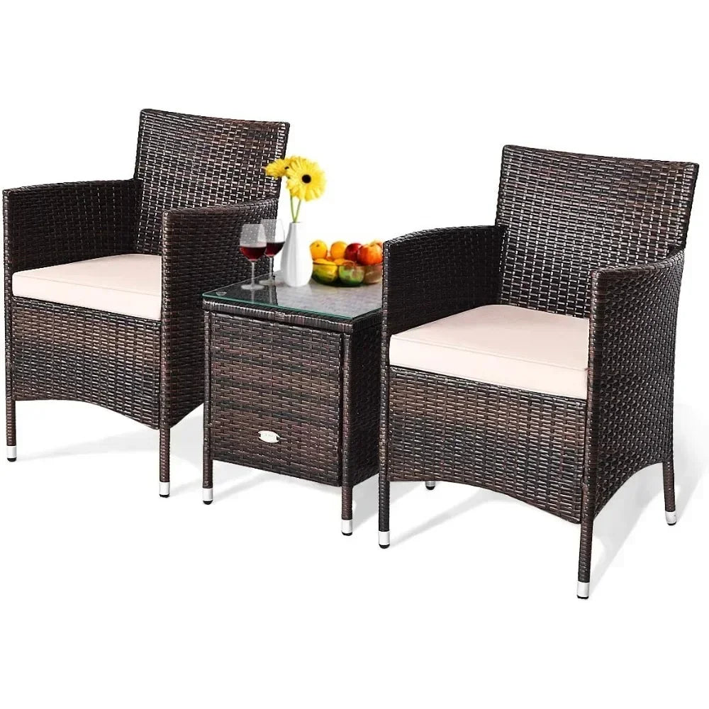 Patio Set Wicker Rattan Furniture Set Outdoor Rattan Conversation Set with Coffee Table Chairs & Thick Cushions Bistro Sets