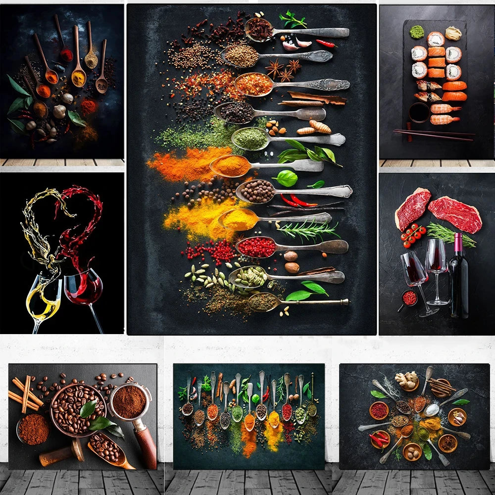 Home Decor Modern Cooking Herbs Spices Sushi Kitchen Utensils Spoon Poster Prin Wall Art Canvas Painting Luxury Artwork Picture