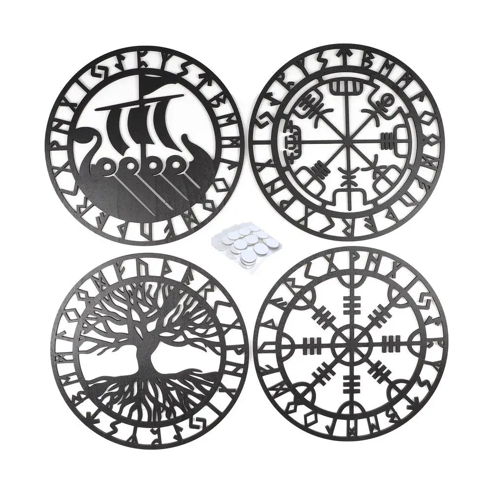 4PCS Set, Round Wooden Celtic Family Tree Wall Art, Nordic Viking Runes Wall Décor