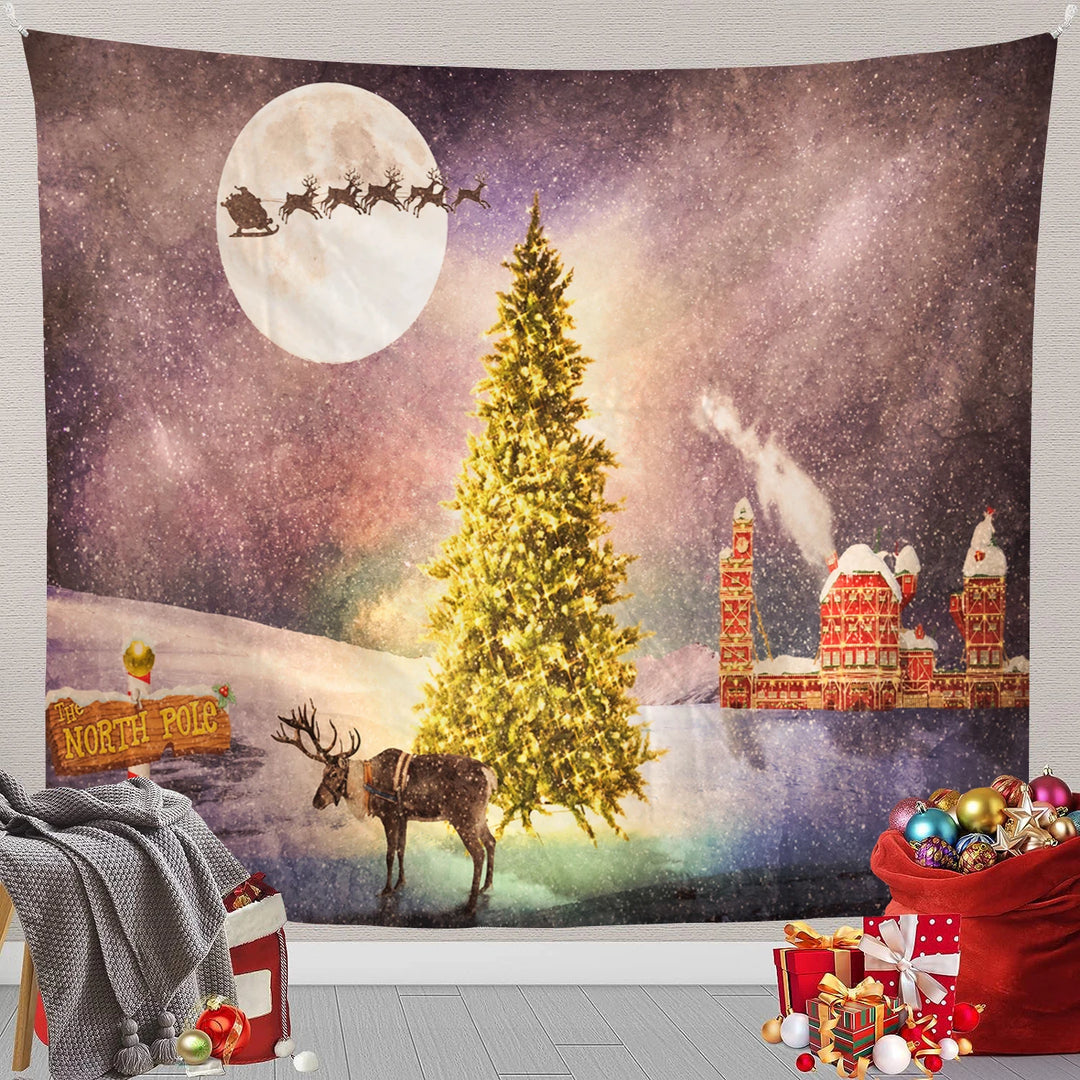 Christmas Scene Snowman, Santa Claus, Wall Tapestry Art