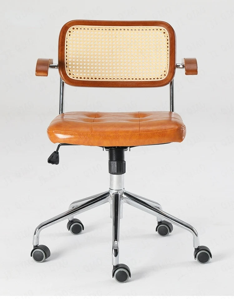 Retro rotating chair Rattan computer office chair Japanese comfortable storage study desk seat breathable armrest rattan chair