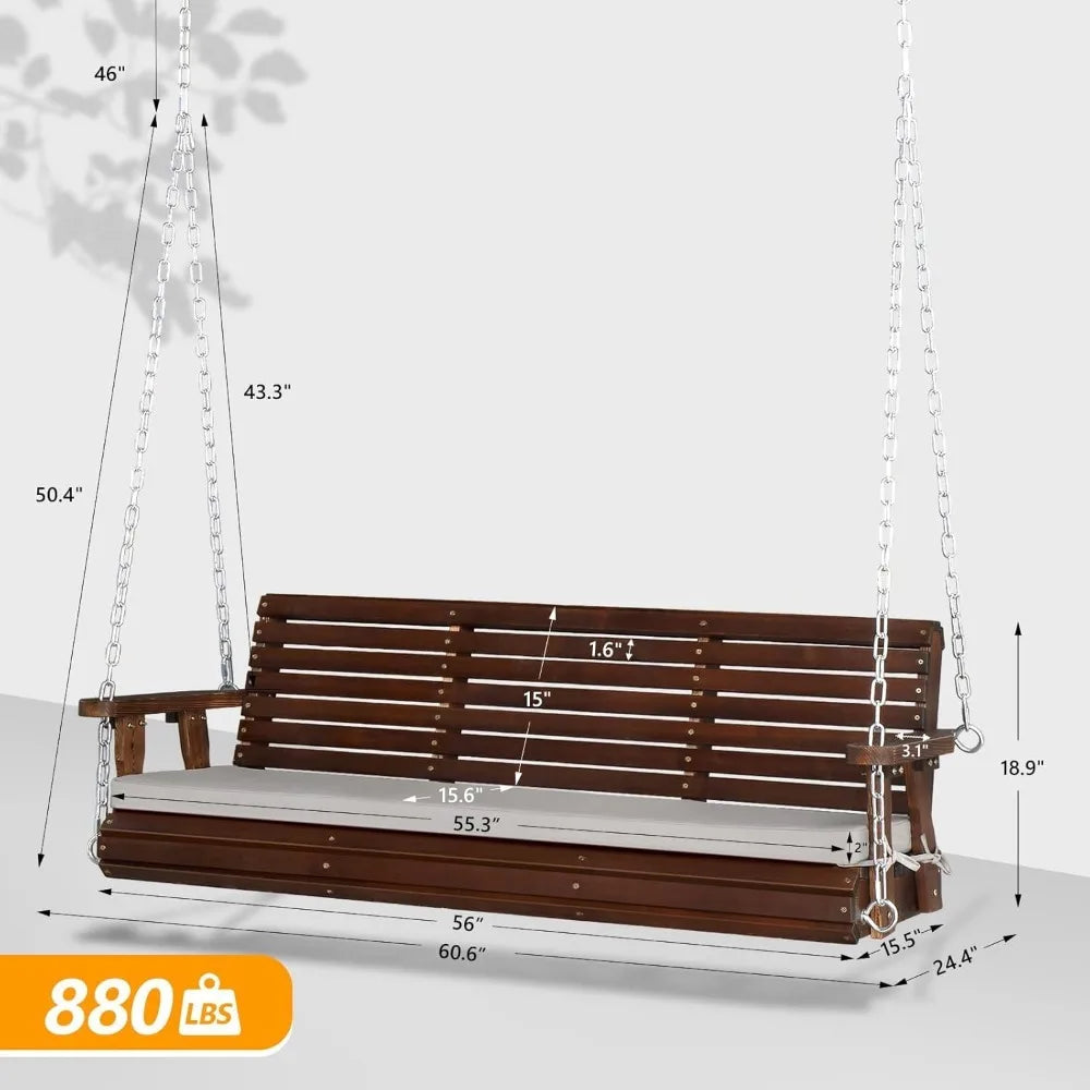 Heavy Duty 880 LBS Patio Wooden Porch Swing Outdoor with Extra Cushion, Farmhouse Hanging Bench Tree Swing