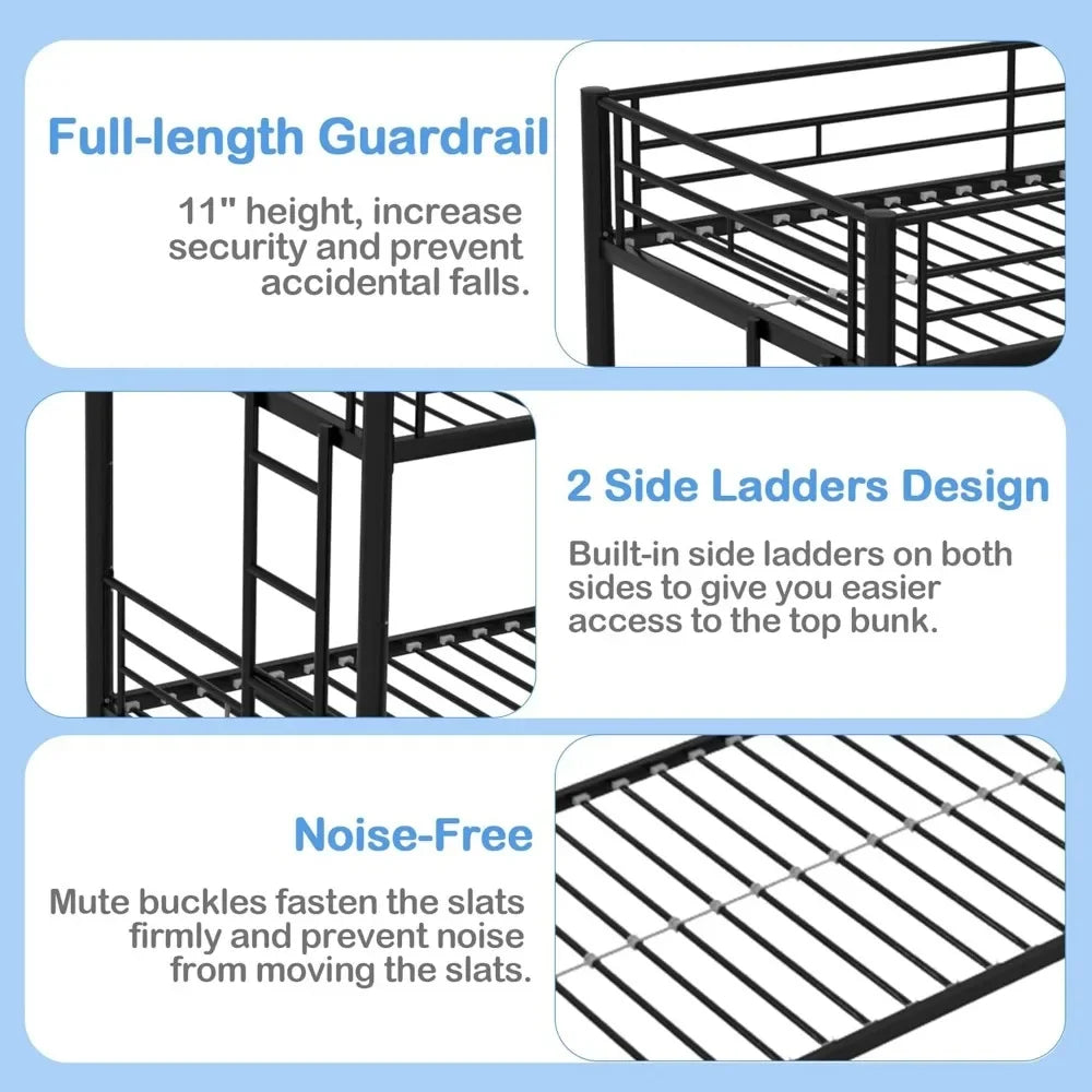 Twin Over Twin Bunk Bed with Trundle, Metal Bunkbeds with Ladder and Full-Length Guardrail, No Box Spring Needed, Black