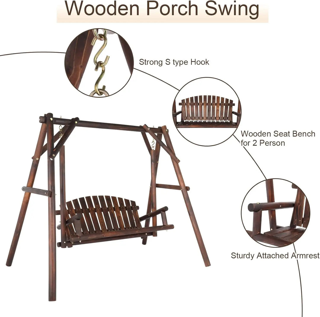 VINGLI Heavy Duty 880 LBS Wooden Patio Porch Swing with A-Frame Stand, Hanging Swing Bench Chair with Frame for Outside