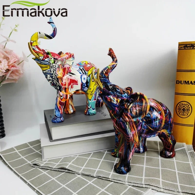 ERMAKOVA Nordic Painting Graffiti Elephant Sculpture Figurine Art Elephant Statue Creative Resin Crafts Home Decoration Gift