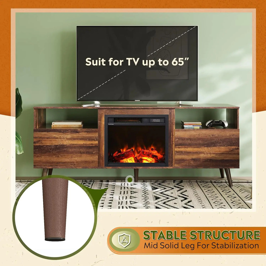 TV Stand for 65 Inch TV, 58 Inch Entertainment Center with 18 Inch Electric Fireplace, Media Console with 2 Storage Cabinets