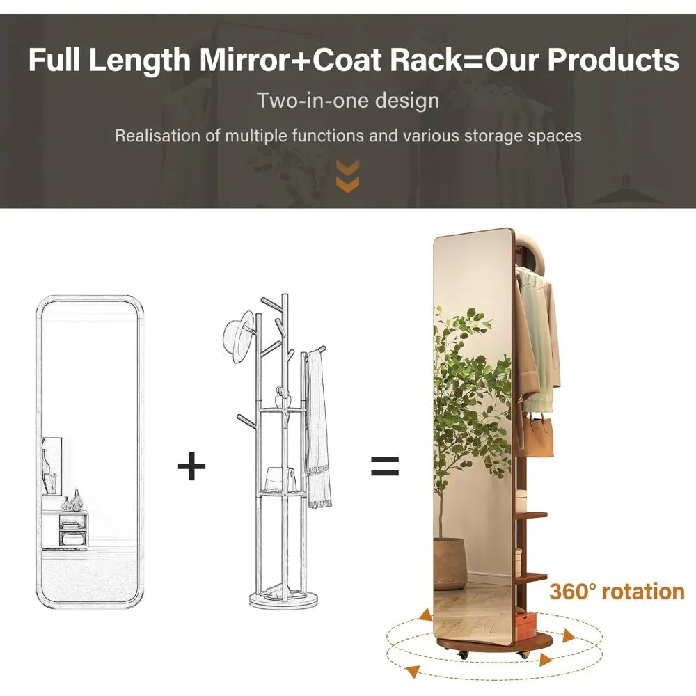 Full Length Mirror with Brake Wheels, 70"x16", Unique Solid Wood Oversized Floor with Coat Rack, Full Body for Bedroom