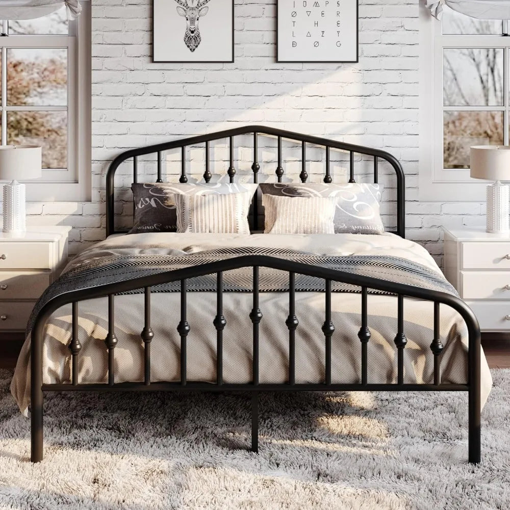 Large Metal Platform Bed Frame, Victorian Style, Wrought Iron, Art Headboard, Footboard, Black