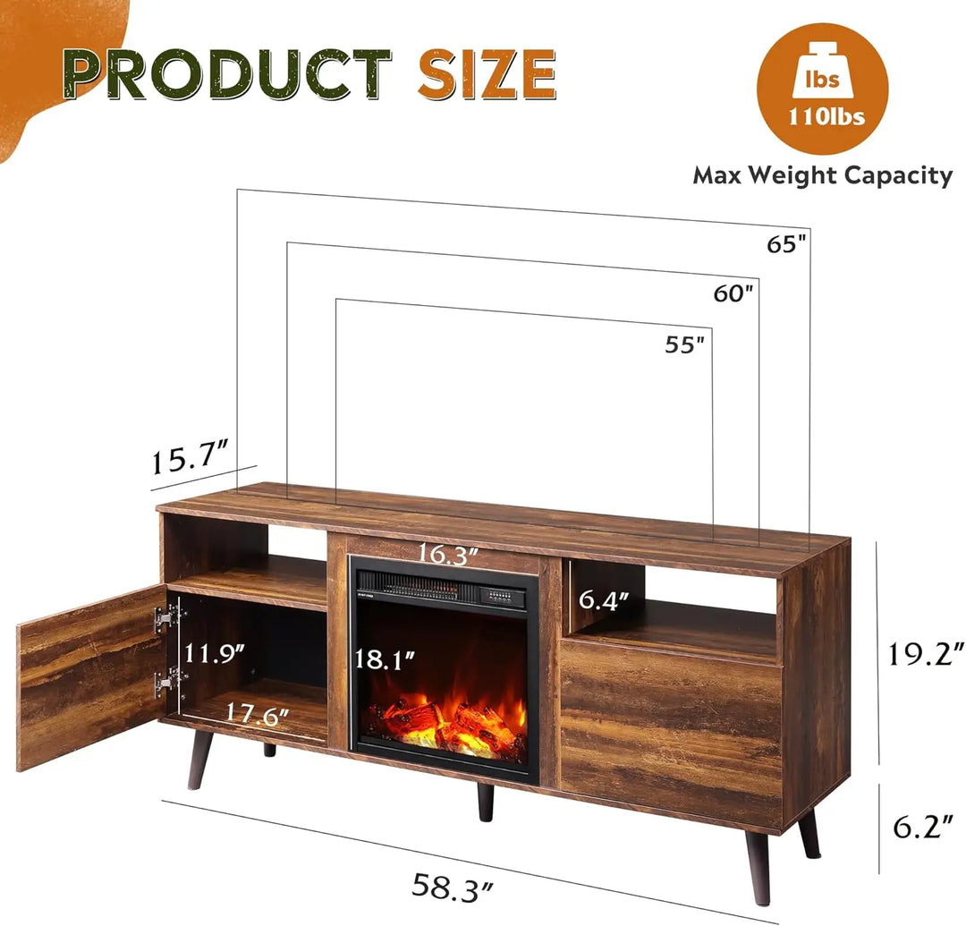 TV Stand for 65 Inch TV, 58 Inch Entertainment Center with 18 Inch Electric Fireplace, Media Console with 2 Storage Cabinets