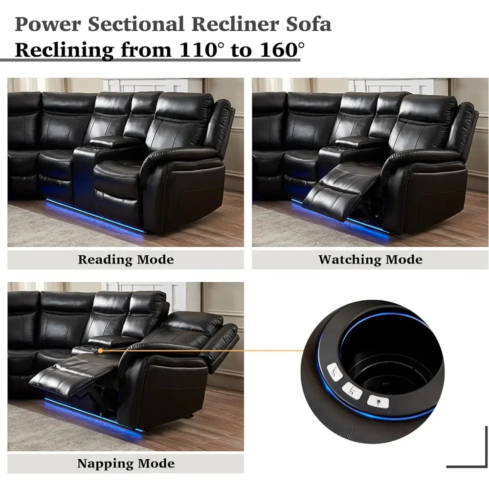 recliner，Power Reclining Sectional Sofa with LED Light Recliner Faux Leather L-Shaped Electric Reclining Sectional Couch