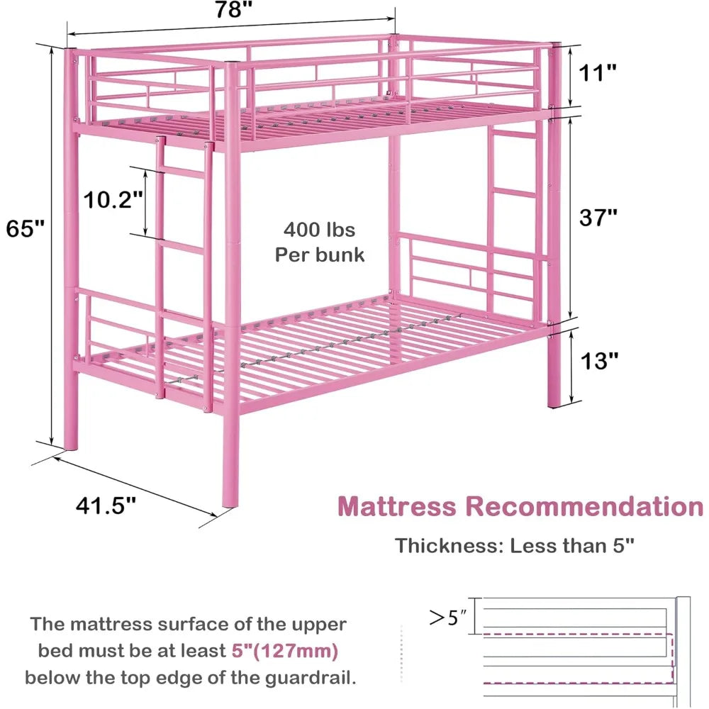 VECELO Metal Bunk Bed Twin Over Twin, Industrial Bunkbeds with Ladder and Full-Length Guardrail, Noise Free, No Boxing Spring