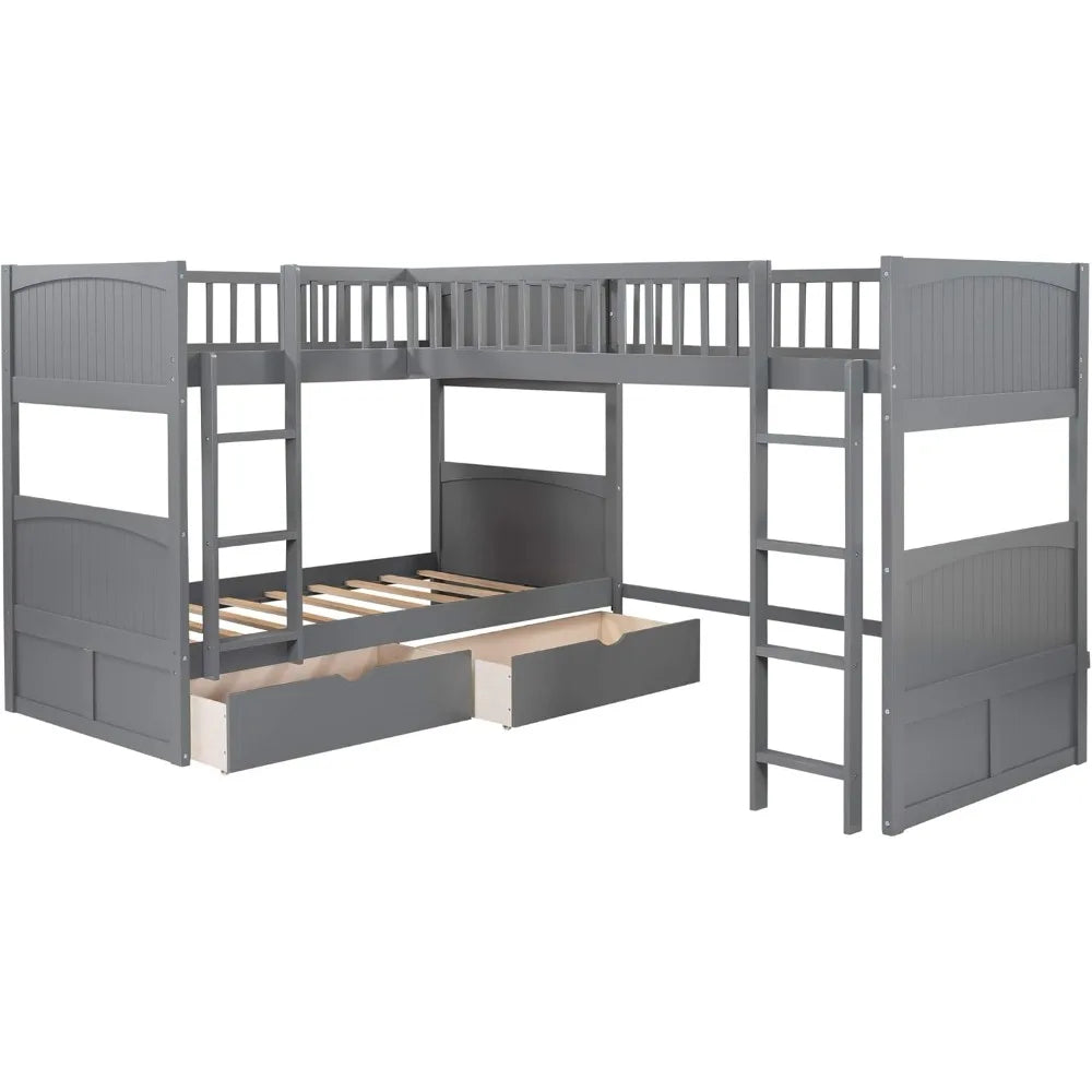 Size Bunk Bed with a Loft Bed Attached with 2 Drawers,L-Shaped Corner Triple Bunk Bed, Twin-Over-Twin Bunkbeds