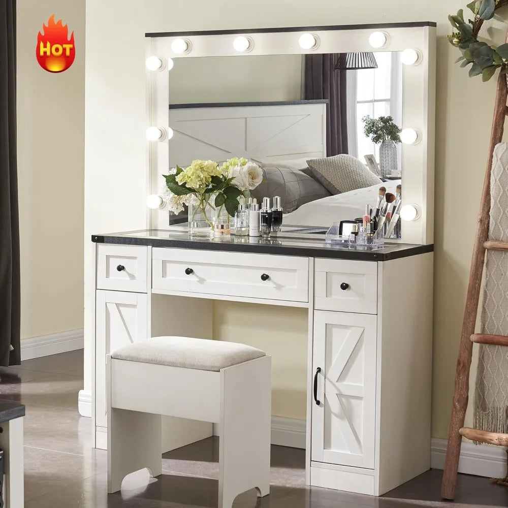 Farmhouse Vanity with Hollywood Makeup Mirror, Storage Function Vanity, White Vanity Table and Chair Set