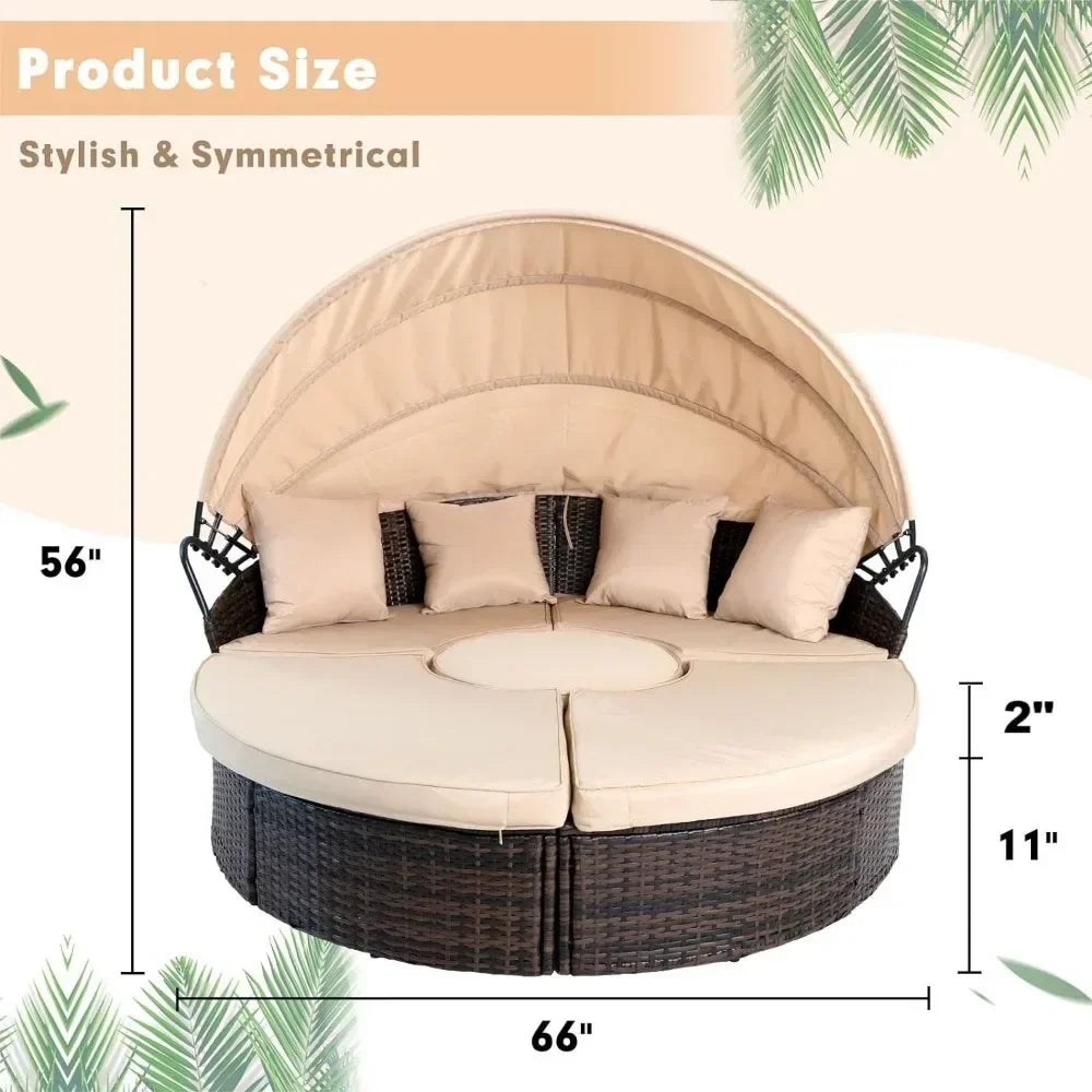 Outdoor Patio Canopy Bed Round Daybed with Washable Cushions, Clamshell Sectional Seating Wicker Furniture with Retractable