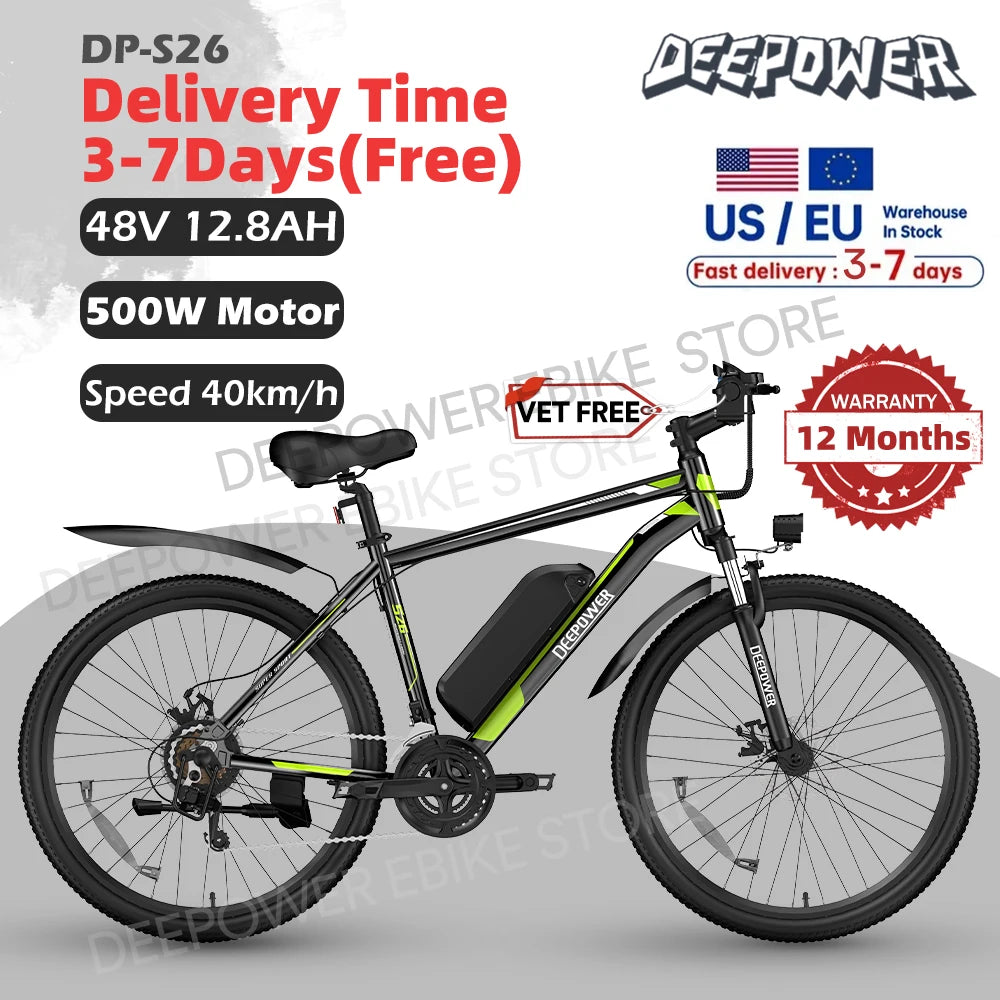 DEEPOWER S26 26INCH Electric Bicycle 500W 48V 30AH Lithium Battery Adult Electric Mountain Bike Cross-Country Ebike EU Delivery