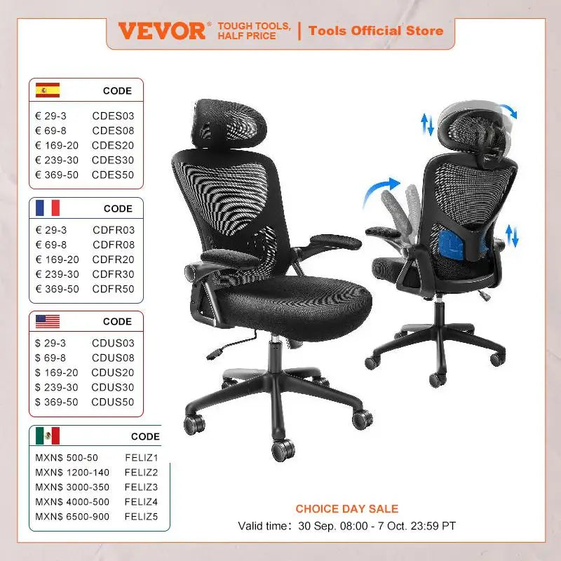 VEVOR Ergonomic Office Chair with Slide Seat/ Mesh Seat/ Adjustable Lumbar Support Angle and Height Adjustable Home Office Chair