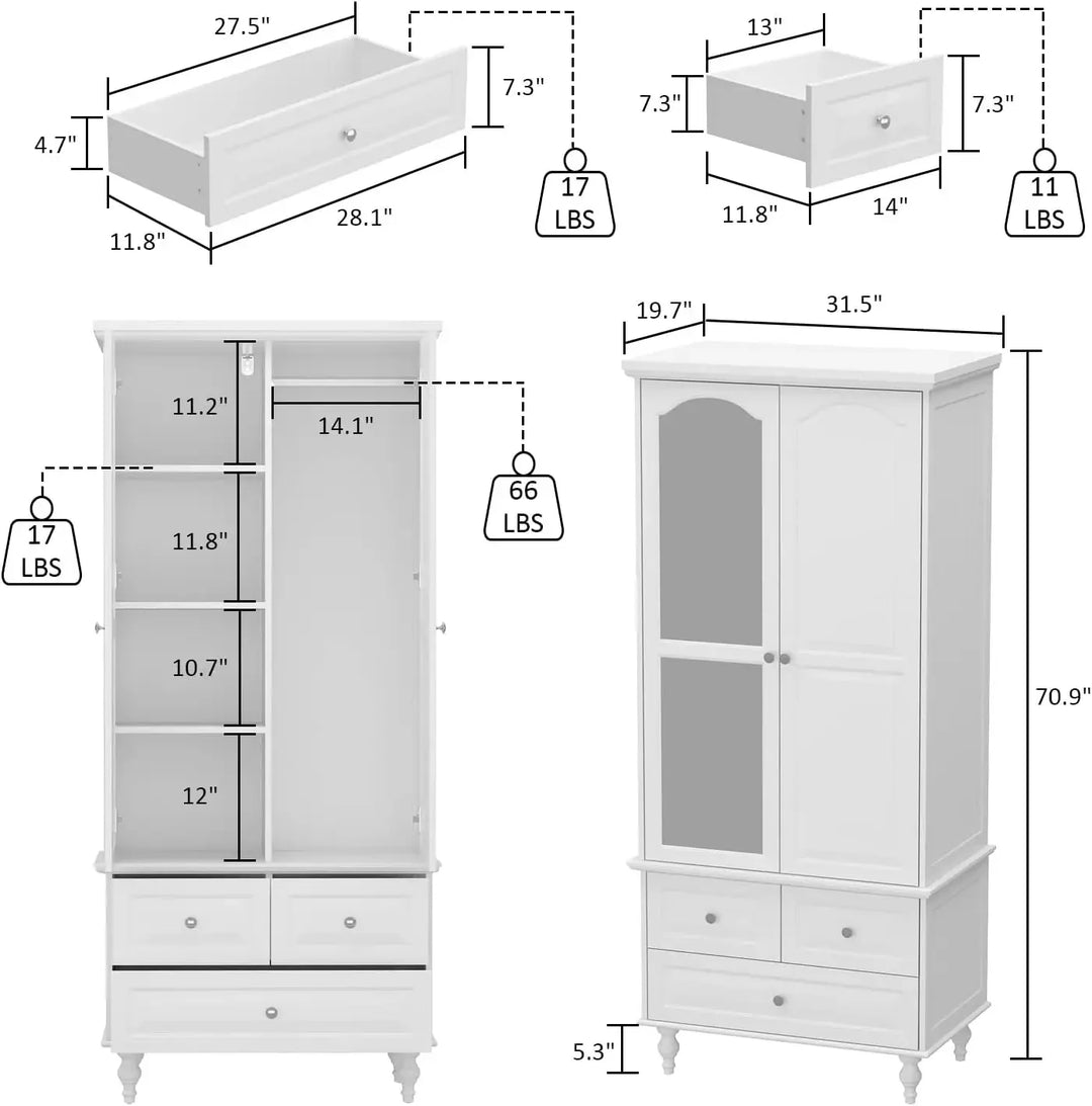 Wardrobe Armoire Closet w/Mirror, Retro Wardrobe Cabinet w/5 Drawers & Hanging Rod, Bedroom Armoire Dresser  Clothes Organizer