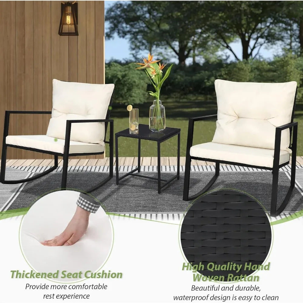 Outdoor Rocking Bistro Set  Wicker Furniture Porch Chairs Conversation Sets with Glass Coffee Table