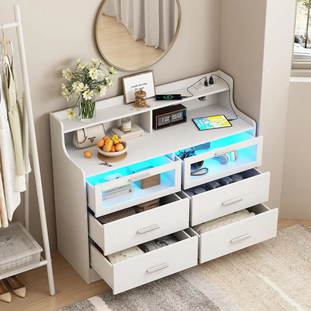 White 6 Drawer Dresser for Bedroom,Wide Chest of Drawers with Fence&Led Lights,Modern Wood Dresser with Charging Station