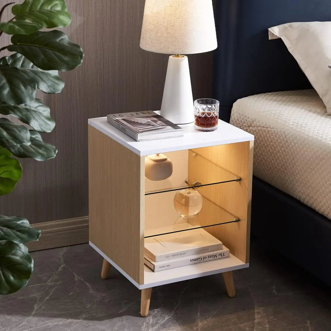 Nightstands Set of 2 with 3 Drawers, Bedside Table Small Dresser with LED Light for Bedroom Living Room - Sturdy Wood Frame