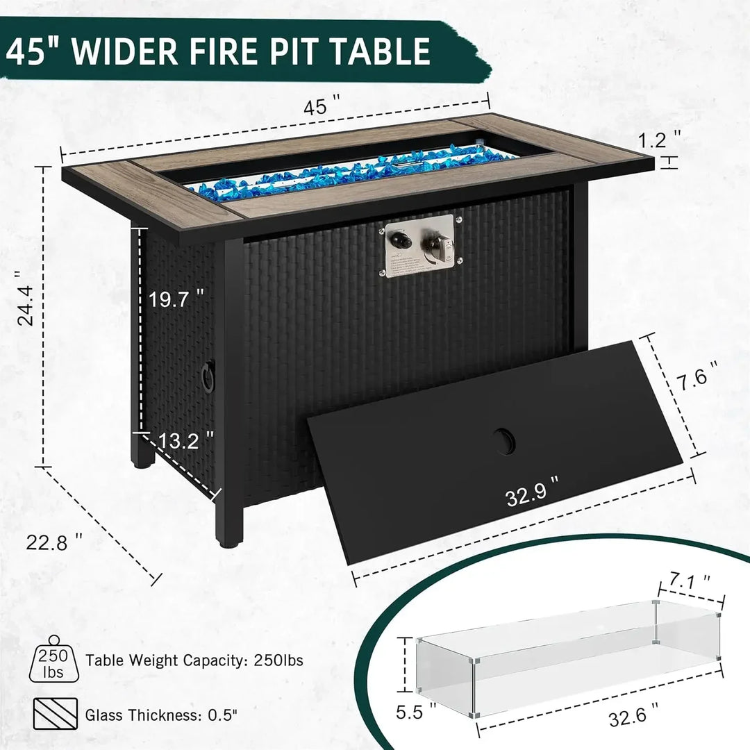 SUNLEI 45" Propane Fire Pit, Outdoor Fire Pit Tables Square Tabletop with Lid and Lava Rock, 50000 BTU Waterproof Cover