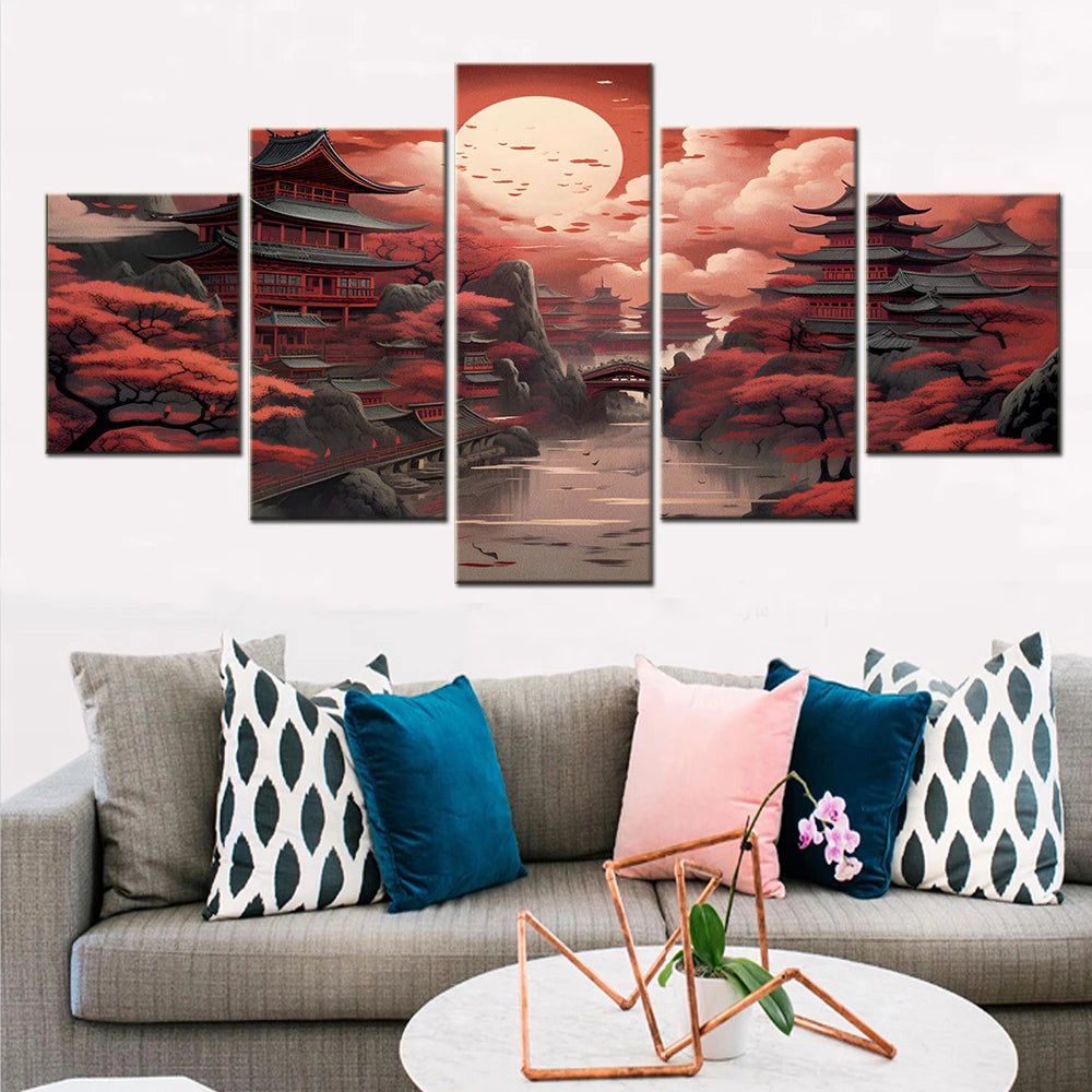 5 Piece Japanese Landscape Fantasy Print On Canvas of Beautiful Decorative Artwork