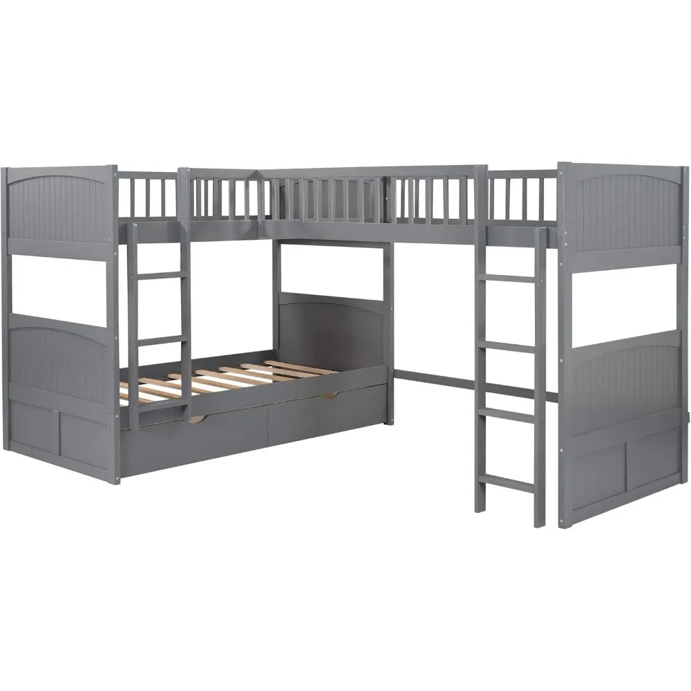 Size Bunk Bed with a Loft Bed Attached with 2 Drawers,L-Shaped Corner Triple Bunk Bed, Twin-Over-Twin Bunkbeds